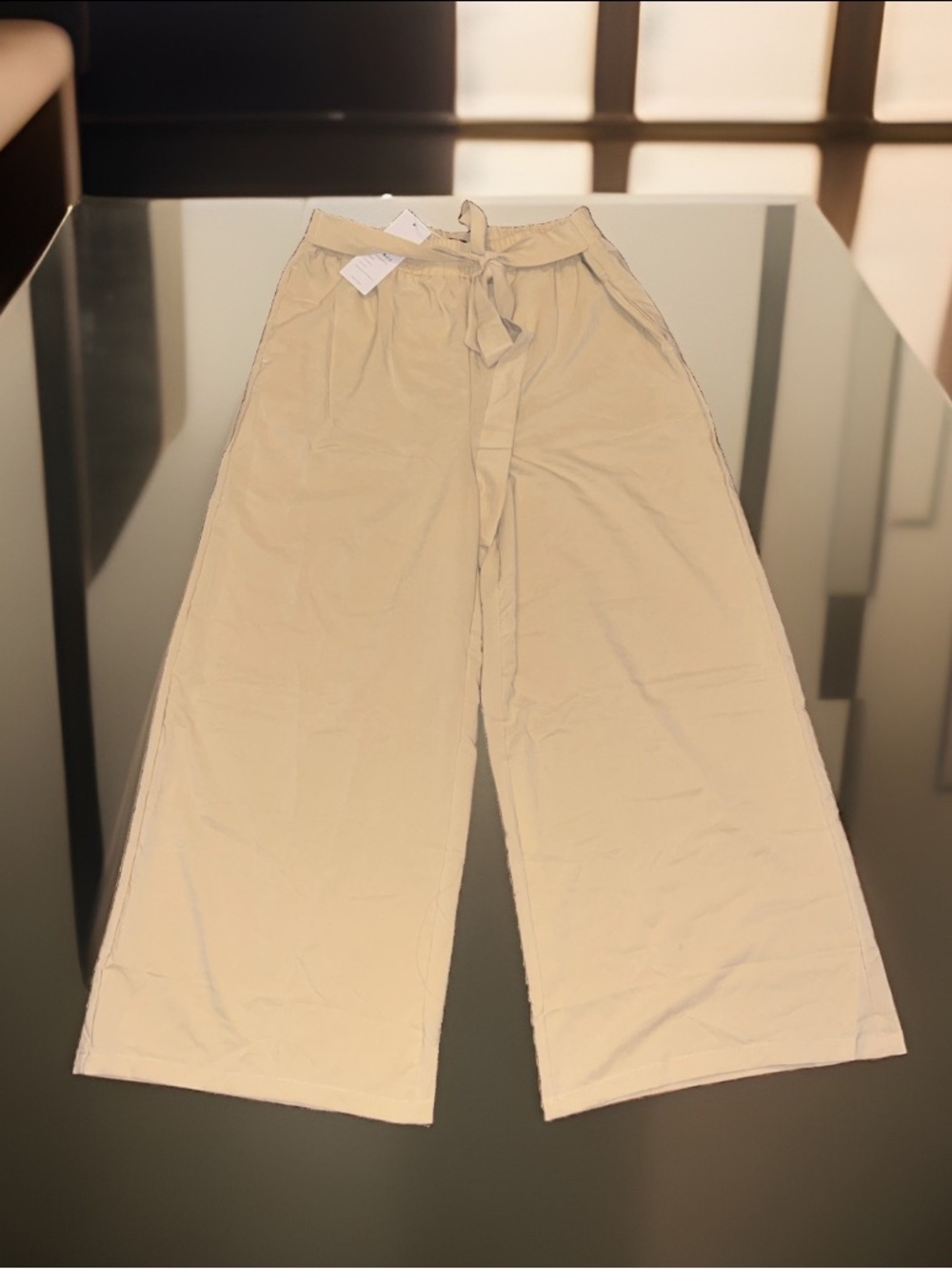 WOMENS Wide-Leg Sewn Belt On Sides Front Tie Hidden Pockets Pants - Cream Sz X-L